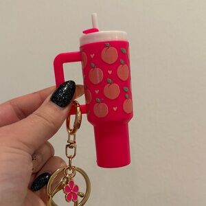 Pink Cup Keychain with Peach Design